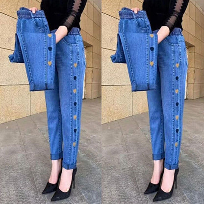 hot försäljning  Kvinnors högelasticitet hjärtmönster broderade jeans