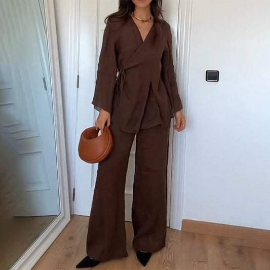 【Produkter med fri frakt】Dams Kimono-Stil Korsa Topp & Avslappnade Byxor Set