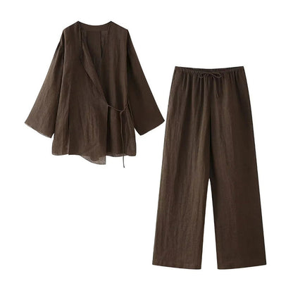 【Produkter med fri frakt】Dams Kimono-Stil Korsa Topp & Avslappnade Byxor Set